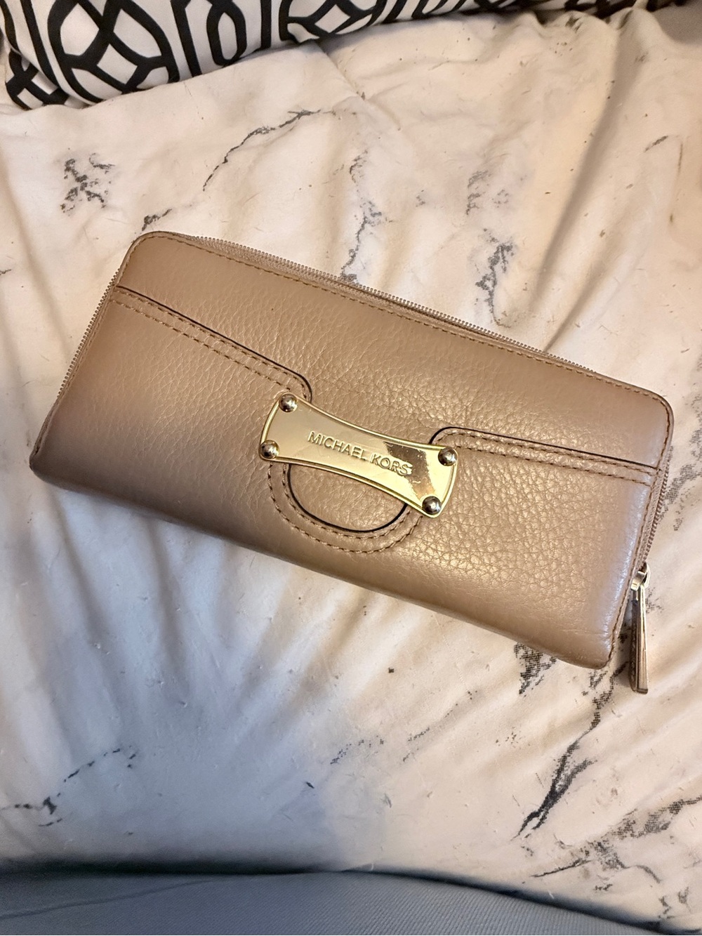 Michael Kors Beige Taupe Pebbled Leather Zip-Around Wallet with Gold Plaque
